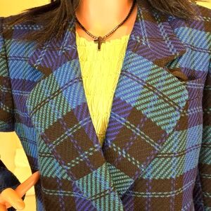 Emily Woman's Wool Blend Business Suit, Black, Blue, Green Plaid, Size 12